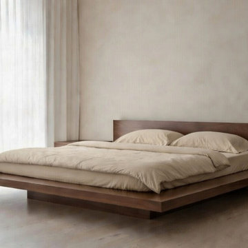 Solid Teak Wood Platform Bed with Modern Nightstand