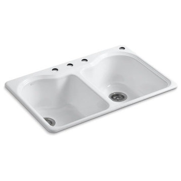 Kohler Hartland 33" X 22" X 9-5/8" Double-Equal Kitchen Sink w/ 4 Holes, White