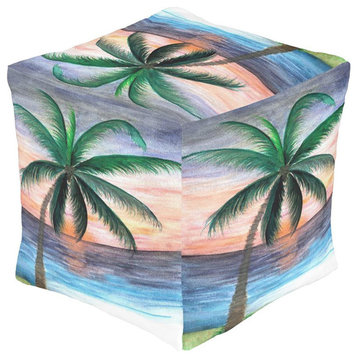 Beach coastal pouf ottoman from my art., Sunset Palms
