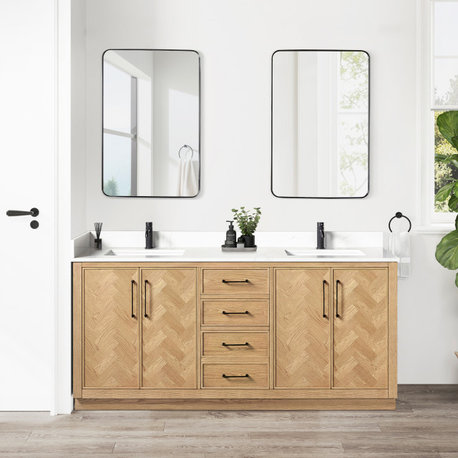Jakarta Bath Vanity, Quartz Top No Mirror, Weathering Light Brown, 72", Double Vanity