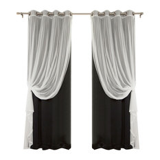Gathered Tulle Sheer and Blackout 4-Piece Curtain Set, Black, 96"