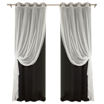 Gathered Tulle Sheer and Blackout 4-Piece Curtain Set, Black, 96"