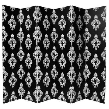 6' Tall Double Sided Black and White Damask Canvas Room Divider 6 Panel