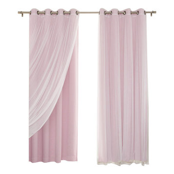 Gathered Tulle Sheer and Blackout 4-Piece Curtain Set, Pink, 96"