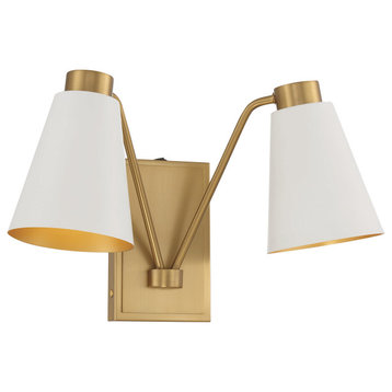 2-Light Wall Sconce, Matte Black With Natural Brass, White With Natural Brass