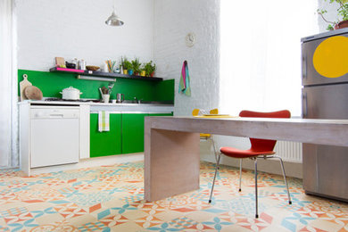 Eclectic vinyl cushion flooring in a vintage kitchen