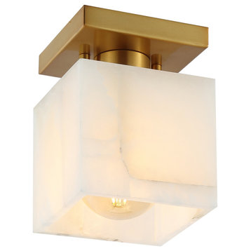 1-Light Modern Contemporary Alabaster/Iron Cube LED Semi Flush Mount