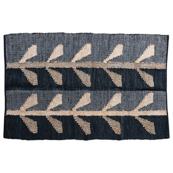 Woven Jute, Leather and Cotton Chindi Rug With Pattern, Black and Natural