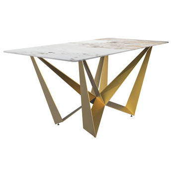 LeisureMod Nuvor Dining Table With a 55" Rectangular Top and Gold Steel Base, White Gray