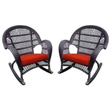 Jeco Wicker Rocker Chair in Espresso with Red Cushion (Set of 2)
