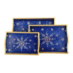 Rajrang - Floral Hand Painted Wood Blue Serving Tray Set (Set Of 3 Pcs) - Kitchen Products
