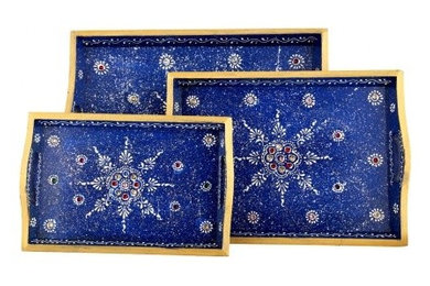 Floral Hand Painted Wood Blue Serving Tray Set (Set Of 3 Pcs)