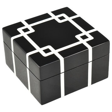 Lacquer Small Square Box, Black with White Interlock