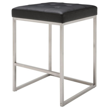 Chi Counter Stool,  25.75" , Brushed Stainless Steel Frame, Black