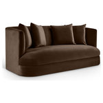 Meridian Furniture - Alder Upholstered Chair, Brown, Velvet, Loveseat - The Alder brown velvet upholstered loveseat is an invitation to relax. Its rounded silhouette and soft velvet upholstery create a cozy and inviting space, ideal for relaxing with a loved one. Whether you're entertaining or enjoying a quiet evening, this loveseat adds both comfort and style to any room.