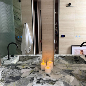 Luxury Ensuite Bathroom with Bookmatched Natural Stone Double Vanity