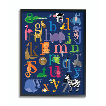 Stupell Industries Navy Alphabet Animal Icons, 11"x14", Black Framed