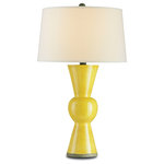 Currey & Company - Upbeat Yellow Table Lamp - The Upbeat Yellow Table Lamp is mod in style. The shapely terracotta body has a center ball with cones extending up toward an off-white linen shade and downward to its culmination. The shade is fastened with a wrought iron finial. The Upbeat also comes in teal, orange, and white.
