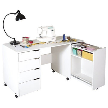South Shore Modern Metal Crea Sewing Craft Table on Wheels in Pure White