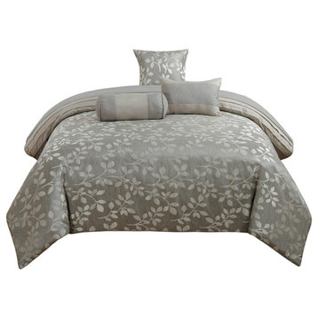 Benzara BM225198 Queen Size 7 Piece Fabric Comforter Set with Leaf Prints, Gray