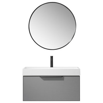 Vegadeo Bath Vanity with Stone Sink Top, Elegant Grey, 36", With Mirror