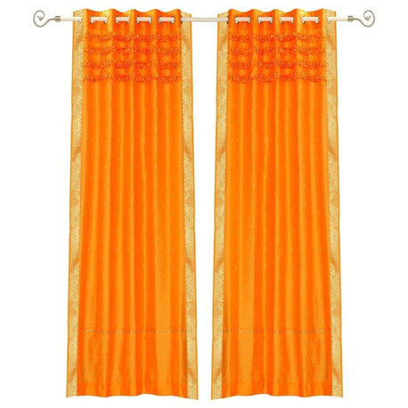 Lined-Pumpkin Hand Crafted Grommet Top  Sheer Sari Curtain Drape Panel-Piece