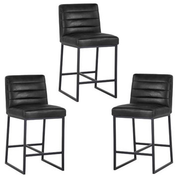 Home Square 3 Piece Modern Faux Leather Counter Stool Set in Coal Black