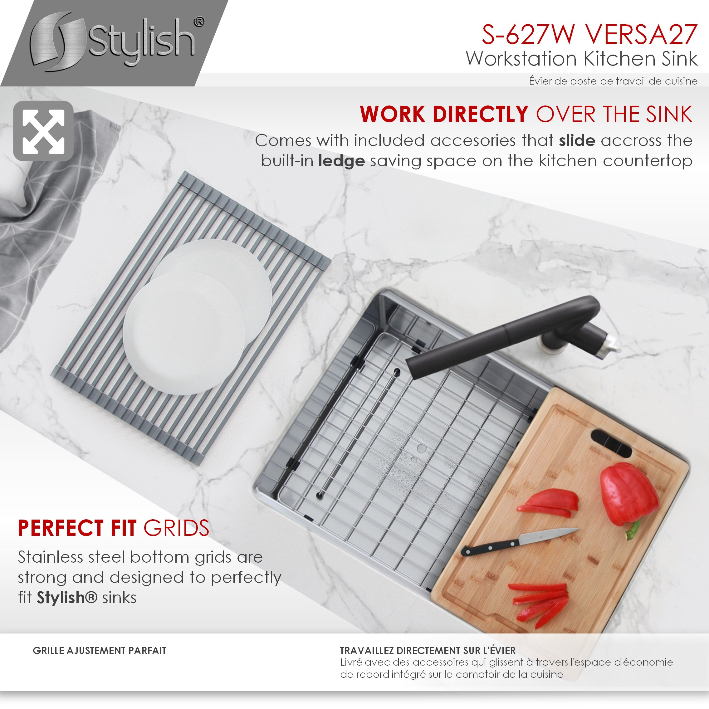 STYLISH 27'' Workstation Single Bowl Undermount 16G Stainless Steel Kitchen Sink
