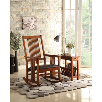 Traditional Rocking Chair, Mission Slatted Design With Black Faux Leather Seat