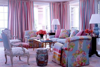 This is an example of a large traditional enclosed living room in New York with carpet and pink walls.