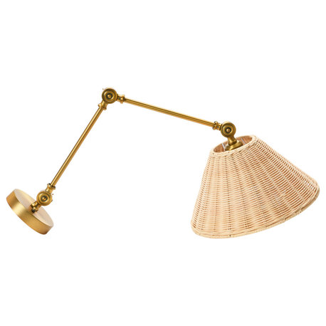 Coastal Adjustable Wall Sconce, Neutral Beige Rattan Shades, Antique Metal Brass