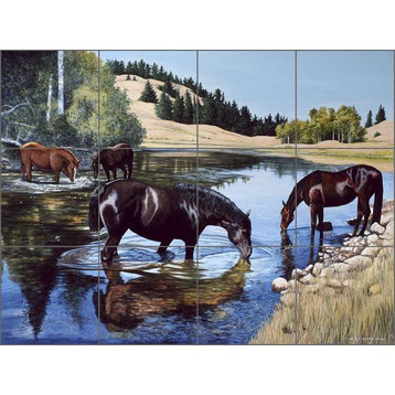 Ceramic Tile Mural Backsplash, Horses at the Lake by Liz Mitten Ryan, 32"x24"