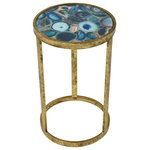 Elk Home - Krete Accent Table - The Krete Accent Table is a small round metal table with a table surface made from a mosaic of agate slices in shades of blue. The mosaic is framed in gold-finished metal, with three metal legs that connect to a gold ring that makes up the table base.
