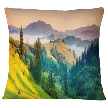 Brightly Green and Blue Mountains Landscape Printed Throw Pillow, 18"x18"