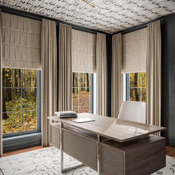 Sophisticated Home Workspace with Bold Ceiling Pattern