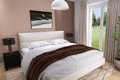 ライプツィヒにある中くらいなコンテンポラリースタイルのおしゃれな主寝室 (茶色い壁、無垢フローリング、茶色い床)