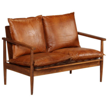 vidaXL Sofa Accent Love Seat Sofa Chair Real Leather with Acacia Wood Brown