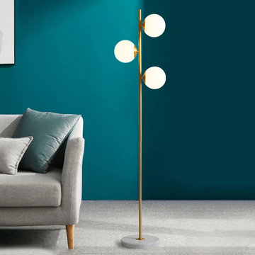 $164.99 _Modern Gold LED Globe Floor Lamp White Glass Shade Marble Base