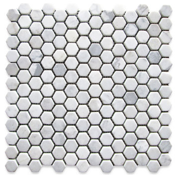 Shower Floor Tile Non Slip Carrara White Marble 1" Hexagon Tumbled, 1 sheet