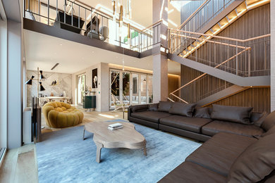 Großes Modernes Wohnzimmer im Loft-Stil mit Hausbar, hellem Holzboden und verstecktem TV in Mailand