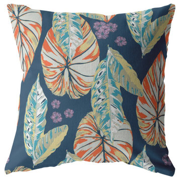 16" Orange Blue Tropical Leaf Indoor Outdoor Throw Pillow