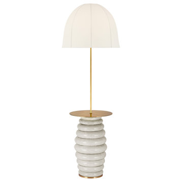 Phoebe Extra Large Tray Table Floor Lamp in Antiqued White with Soft Domed Linen