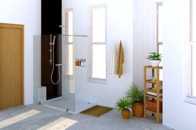 Doorless shower - contemporary master white tile doorless shower idea in London