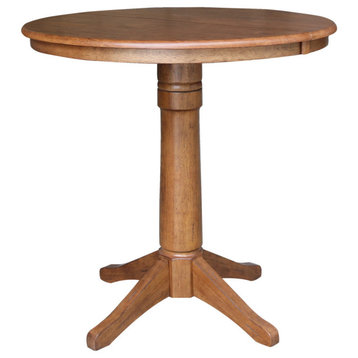 36" Round Top Pedestal Table With 12" Leaf, Distressed Oak, 36.1" High