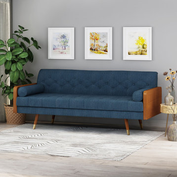 GDF Studio Aidan Mid Century Modern Tufted Fabric Sofa, Navy Blue/Dark Walnut