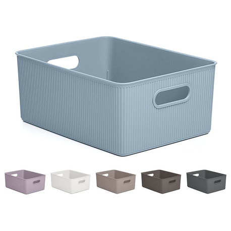 Superio Ribbed Storage Bin, Plastic Storage Basket, Stone Blue, 15 L