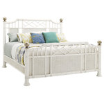Tommy Bahama Home - Pritchards Bay Panel Bed 6/6 King - The crisp white coloration with subtle parchment highlights is a perfect complement to the leather wrapped rattan inspired frame and woven raffia panels. The decorative finials are finished in silver leaf.