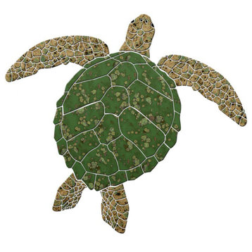 Sea Turtle 2 Ceramic Swimming Pool Mosaic 25"x23", Green/Brown