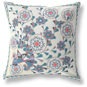 18" x 18" Off White Peacock Blown Seam Floral Indoor Outdoor Throw Pillow