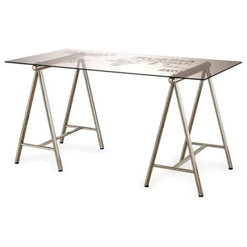 Bowery Hill World Map Glass Top Writing Desk in Nickel